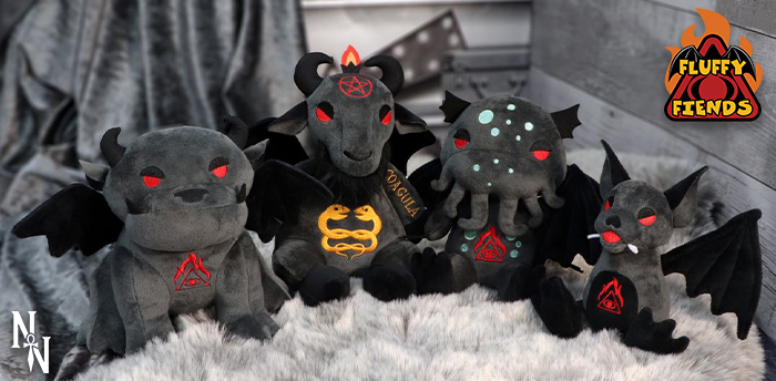 Plushies Nemesis Now's Fluffy Fiends including: Gargoyle, Baphomet, Cthulhu, & Bat.