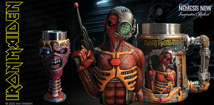 Iron Maiden Merchandise Nemesis Now's Iron Maiden collection features a tankard, shot glass, box, purse, wallet and crystal clear pictures.