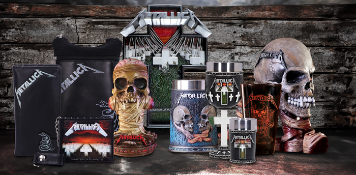 Metallica Merchandise Nemesis Now's Metallica collection features a hip flask, purse, wallet as well as tankards, goblets, shot glasses, a figurine and throw.